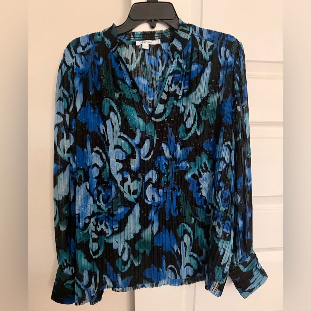 Chico's Vibrant Blue and Black Floral Blouse women’s size 3 US size 16